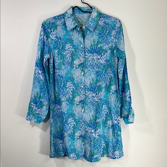 Lilly Pulitzer XS‎ Sea View Cover Up 100% Lagoon Linen Long Sleeve Cover Up - Picture 1 of 8